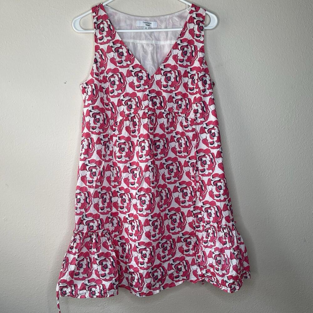 Thakoon X RTR Pink Pop Art Shift Dress Size 6 V Neck Front Tie Floral